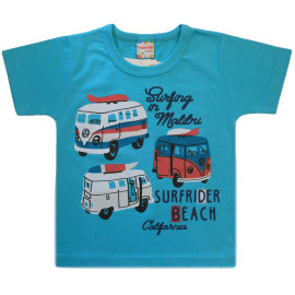 Conj. Infantil Verão Camiseta Azul Praia Kombi e Bermuda Microfibra Azul Marinho Menino Brandili