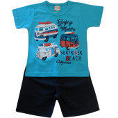 Conj. Infantil Verão Camiseta Azul Praia Kombi e Bermuda Microfibra Azul Marinho Menino Brandili