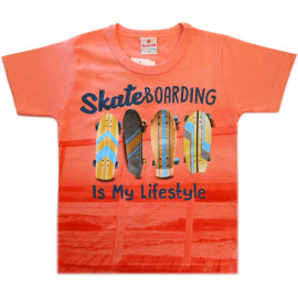 Conj. Infantil Verão Camiseta Laranja Skates e Bermuda Microfibra Azul Menino Brandili