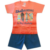 Conj. Infantil Verão Camiseta Laranja Skates e Bermuda Microfibra Azul Menino Brandili