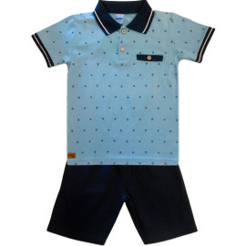 Conj. Infantil Gola Polo Marinheiro Azul e Bermuda de Sarja Azul Marinho Menino Serelepe Kids