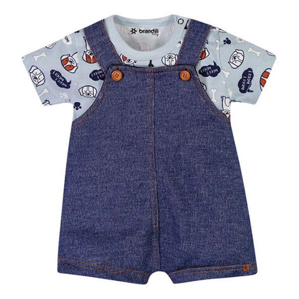 Jardineira Jeans E Camiseta Cachorrinhos Macacao Bebe Brandili Menino G 9 12 Meses